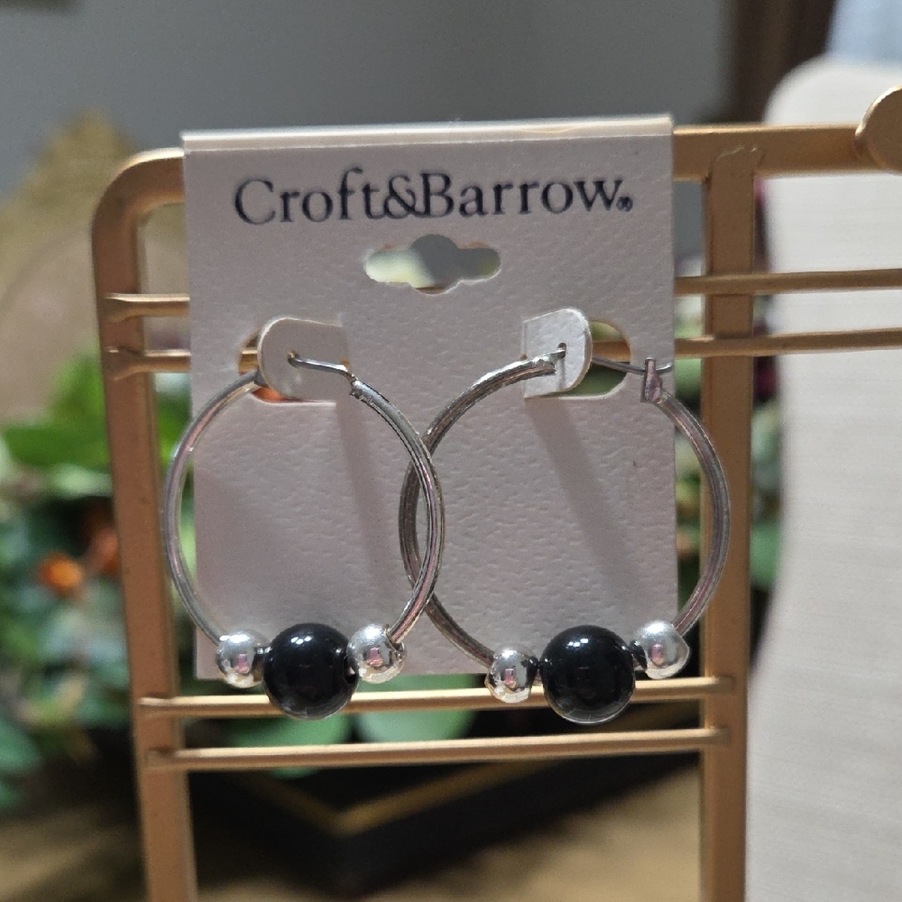 Croft & Barrow Silver and Black Hoop Earrings